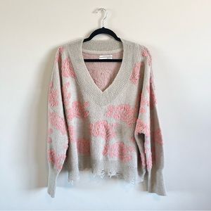 Anthropologie Luclia Distressed Pink Floral Pullover Sweater Size Small